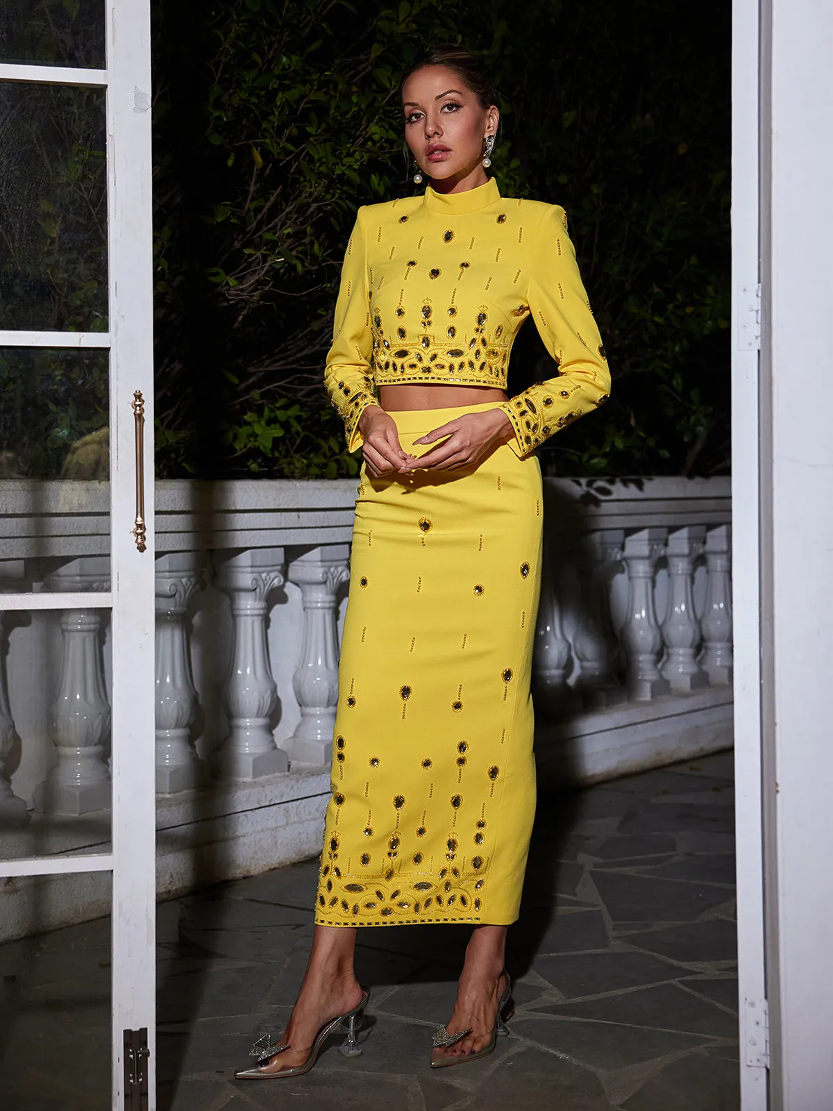 Vallea Long Sleeve Pearl Rhinestone Skirt Set sold by Mew Mews product image thumbnail 5