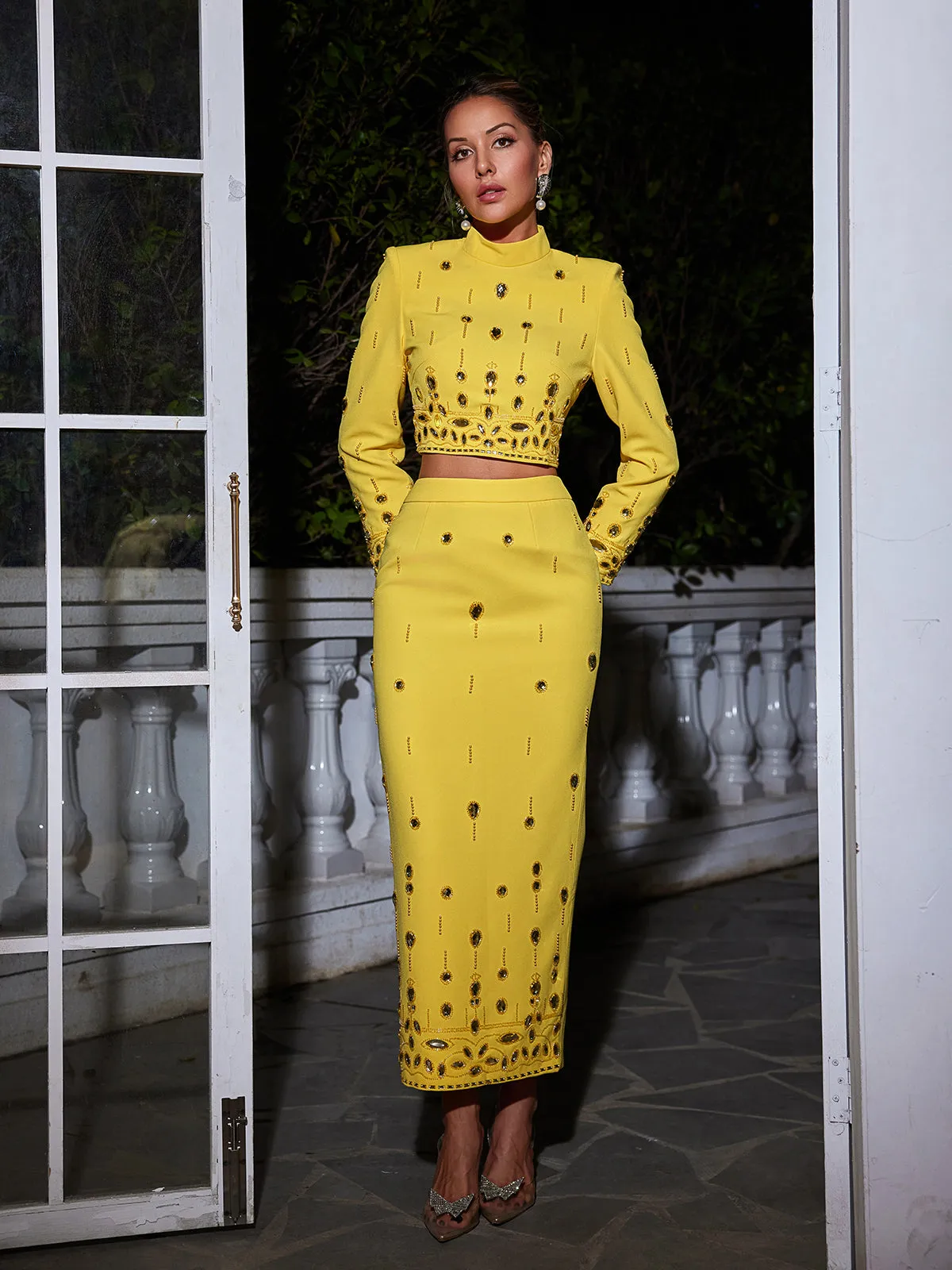 Vallea Long Sleeve Pearl Rhinestone Skirt Set sold by Mew Mews product image thumbnail 3