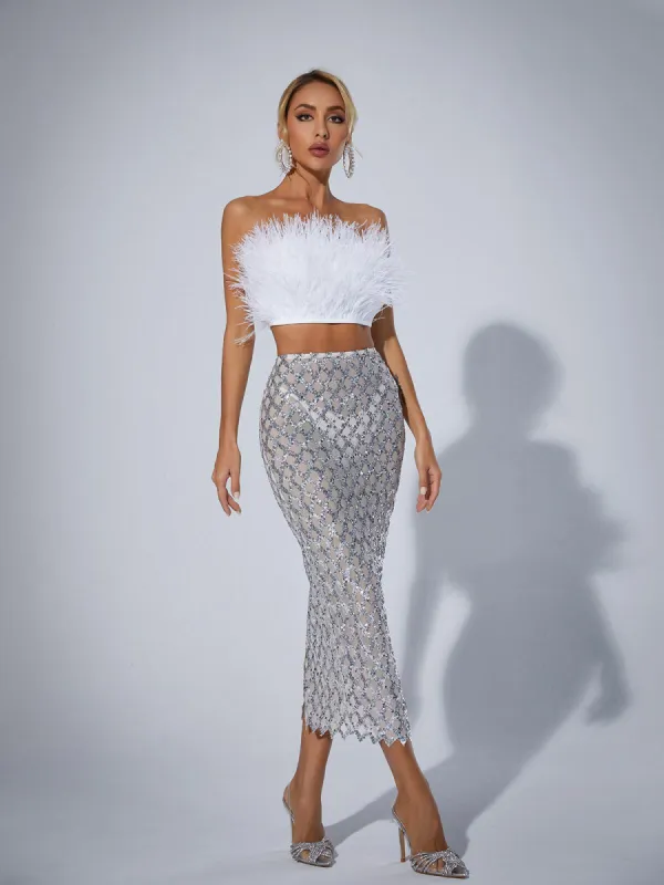 Ansley Strapless Feather Mesh Skirt Set In White sold by Mew Mews