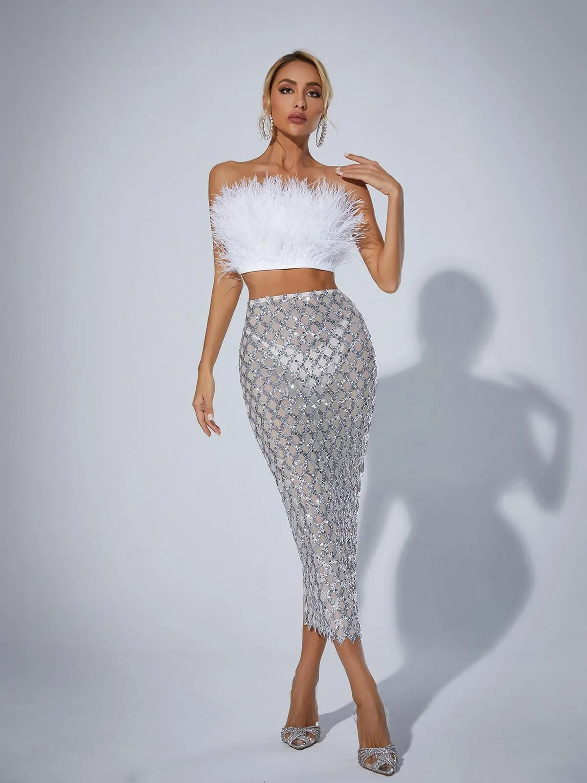 Ansley Strapless Feather Mesh Skirt Set In White sold by Mew Mews product image thumbnail 2