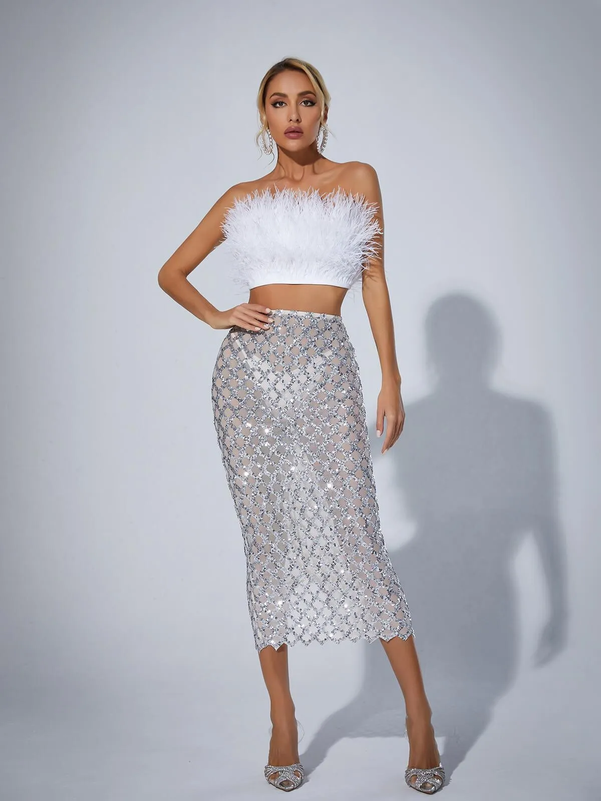 Ansley Strapless Feather Mesh Skirt Set In White sold by Mew Mews product image thumbnail 3