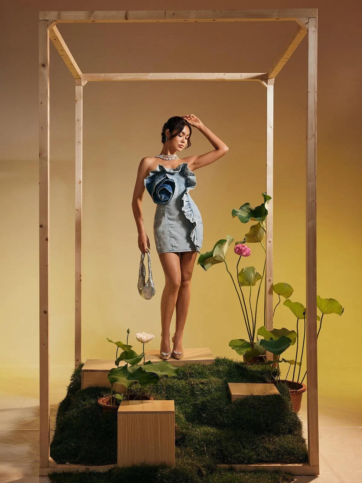 Allegra Strapless Flower Denim Mini Dress sold by Mew Mews product image thumbnail 3