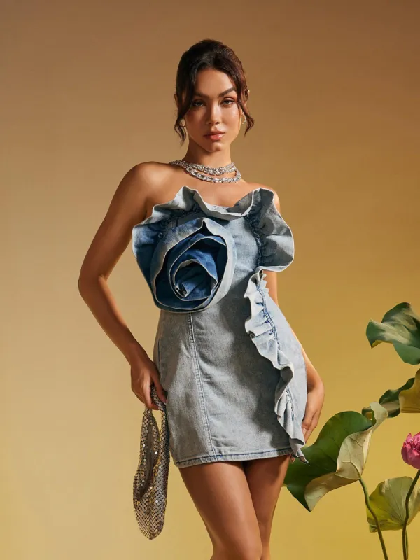 Allegra Strapless Flower Denim Mini Dress sold by Mew Mews