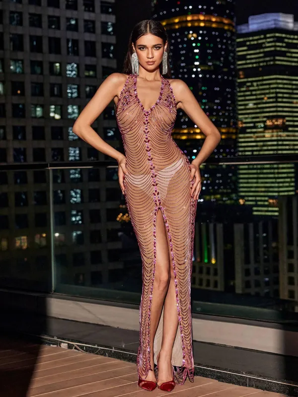 Miracle Open Back Crystal Chain Split Maxi Dress sold by Mew Mews