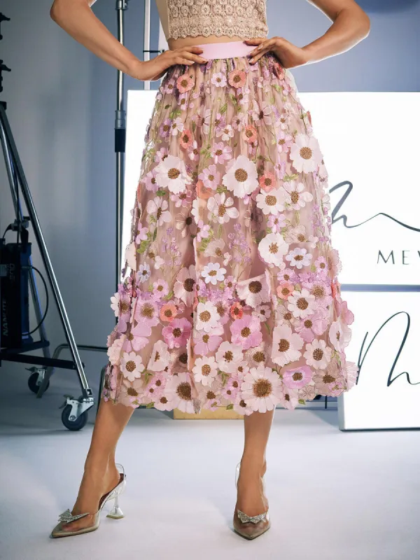 Amory Flower Embroidered Skirt In Pink sold by Mew Mews