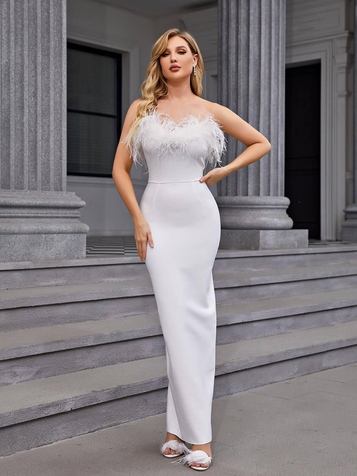 Mina Strapless Feather Trimmed Bandage Dress In White sold by Mew Mews product image thumbnail 2