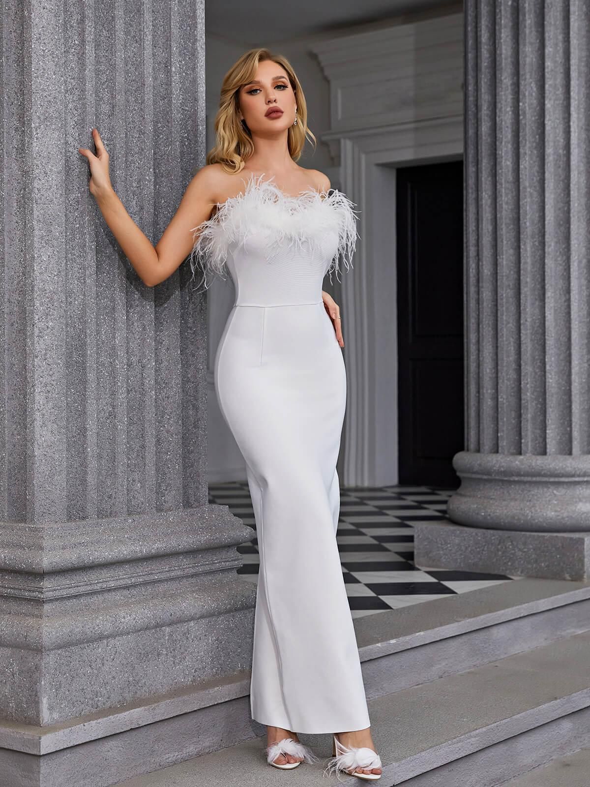 Mina Strapless Feather Trimmed Bandage Dress In White sold by Mew Mews