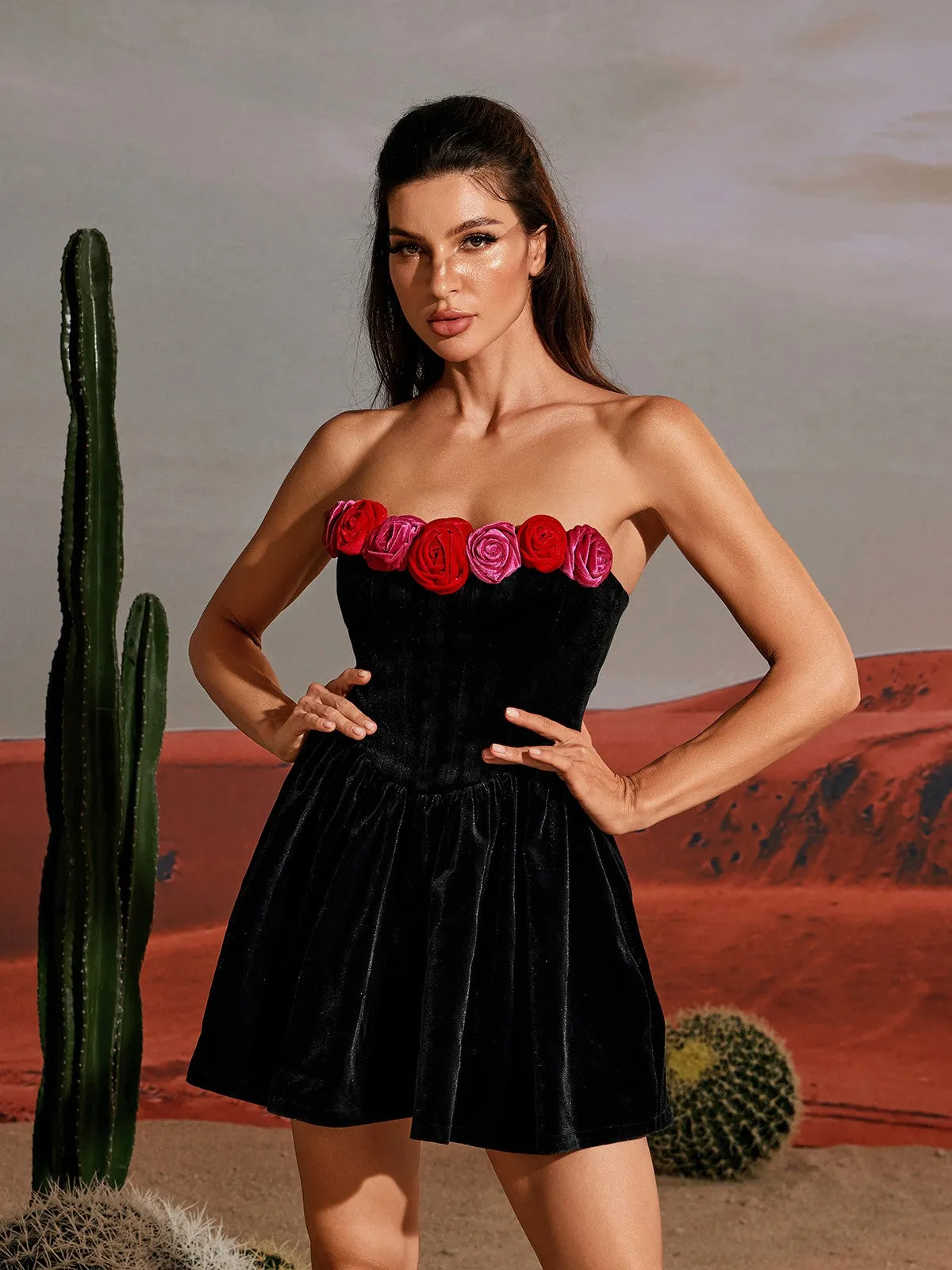 Savita Strapless Flower Satin Mini Dress sold by Mew Mews product image thumbnail 5