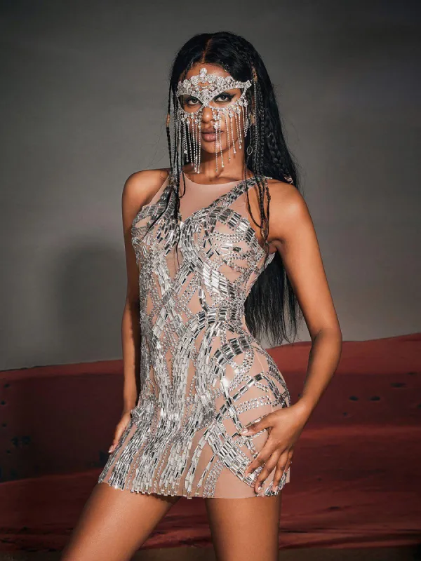 Zaiden Rhinesone Mesh Mini Dress sold by Mew Mews