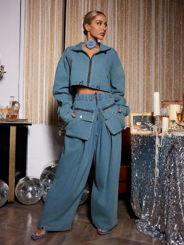 Maudie Pocket Wide Denim Pants Set sold by Mew Mews