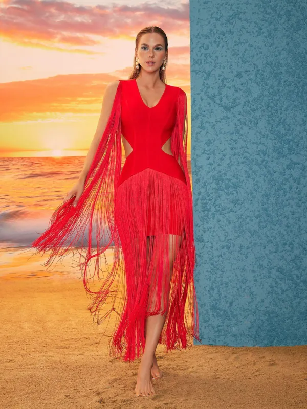 Mariko Fringe Cutout Bandage Dress sold by Mew Mews