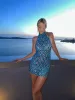Liora Sequin Crystal Mini Dress In Blue sold by Mew Mews