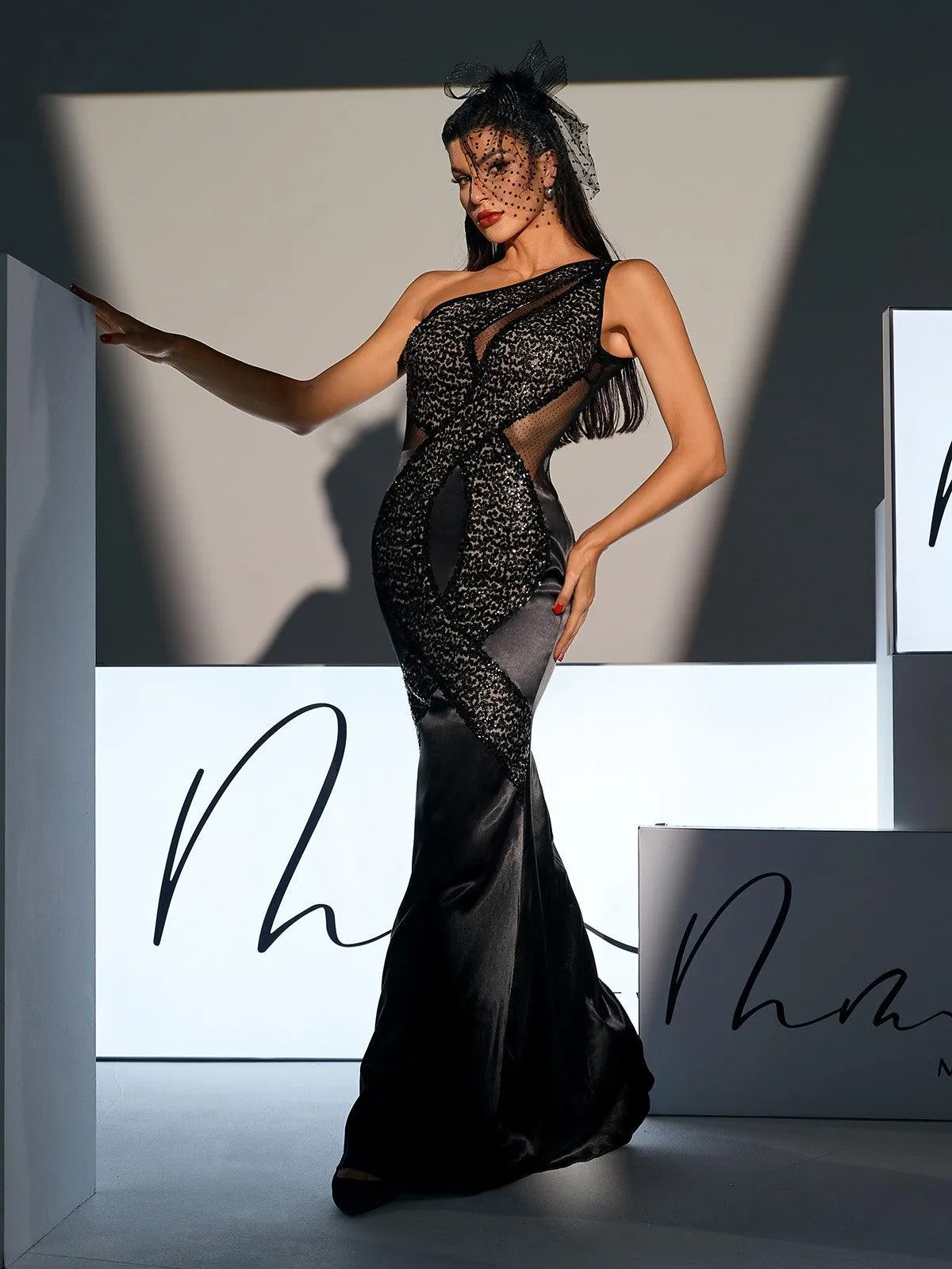Calina One Shoulder Sequin Maxi Satin Dress sold by Mew Mews product image thumbnail 3
