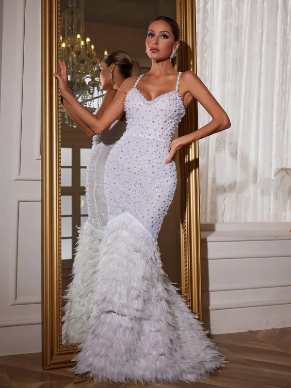 Nele Spaghetti Feather Trimmed Mermaid Maxi Dress sold by Mew Mews