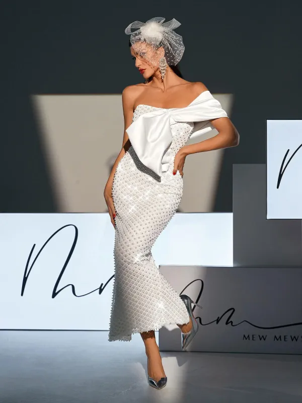 Ozzy Strapless Bow Pearl Embellished Maxi Dress sold by Mew Mews