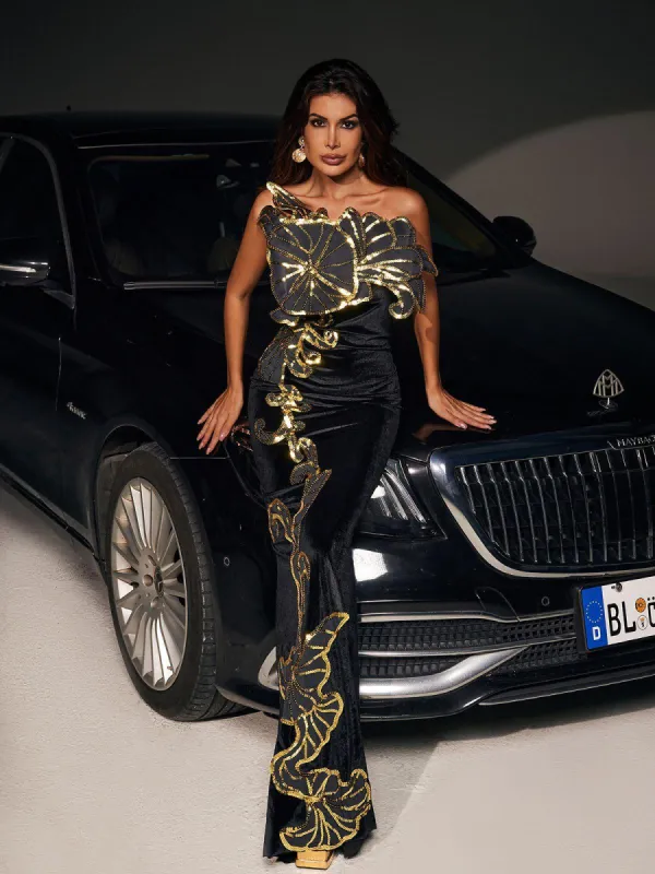 Zayna Sequin Flower Mermaid Maxi Dress sold by Mew Mews