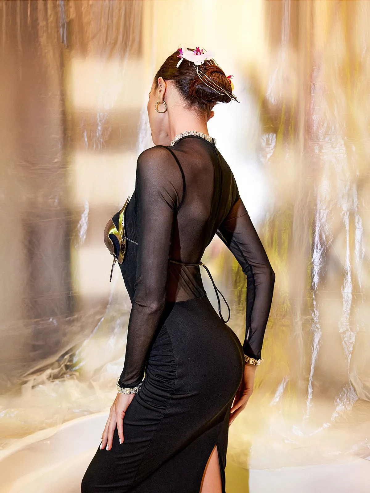 Juni Crystal Cutout Mermaid Mesh Maxi Dress sold by Mew Mews product image thumbnail 5