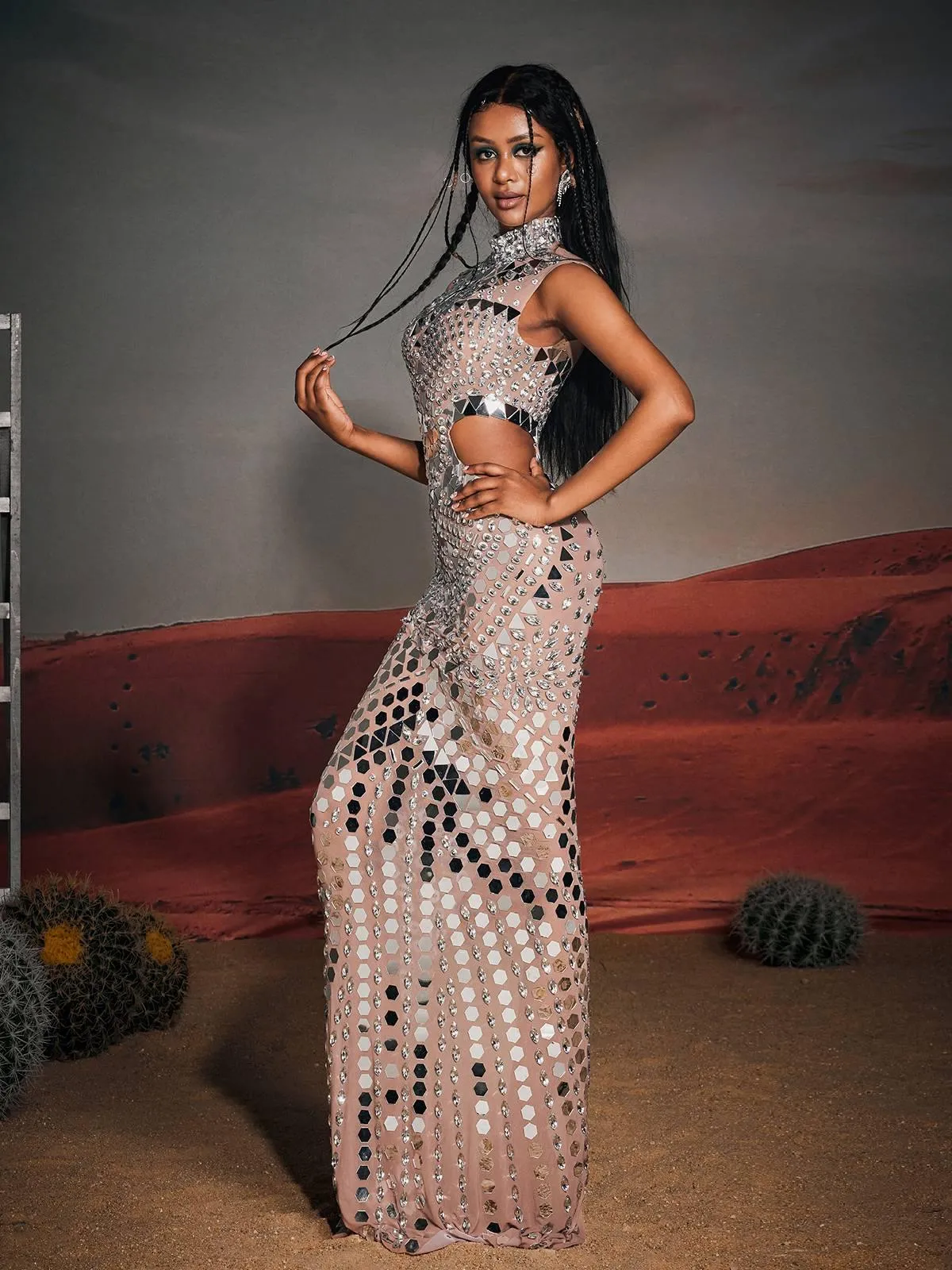 Andy High Neck Cutout Acrylic Maxi Dress sold by Mew Mews product image thumbnail 3