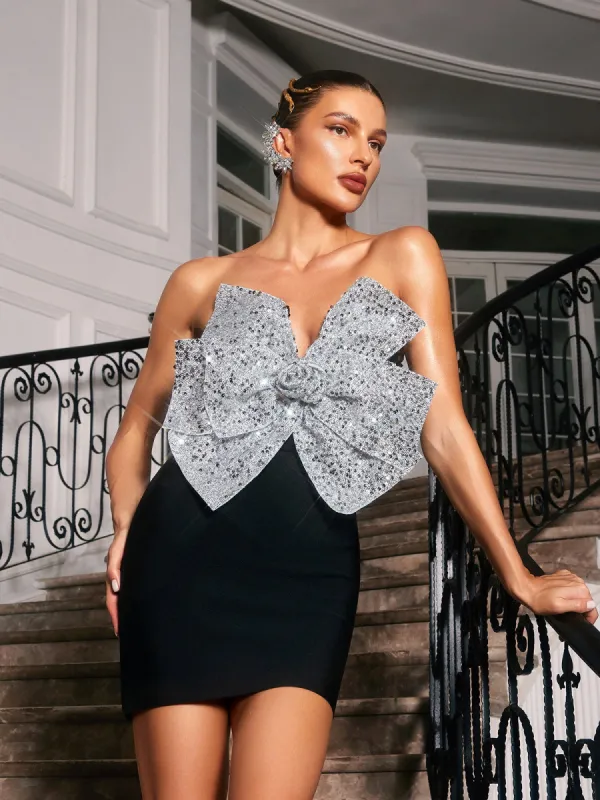 Mesa Strapless Bow Sequin Bandage Mini Dress sold by Mew Mews