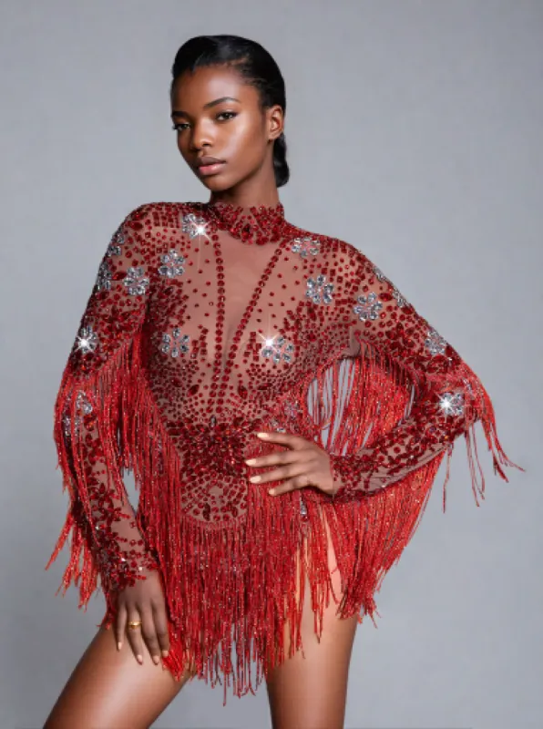 Macsen Rhinestone Fringe Bodysuit sold by Mew Mews