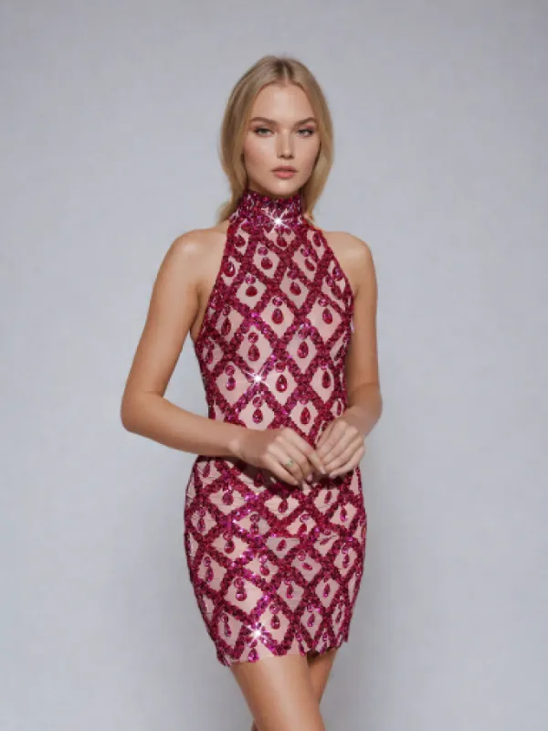 Liora Sequin Crystal Mini Dress In Hot Pink sold by Mew Mews
