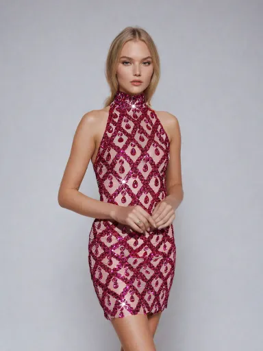 Liora Sequin Crystal Mini Dress In Hot Pink sold by Mew Mews