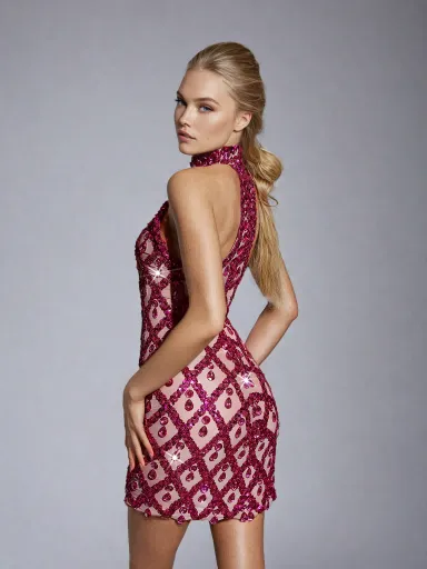 Liora Sequin Crystal Mini Dress In Hot Pink sold by Mew Mews product image thumbnail 3