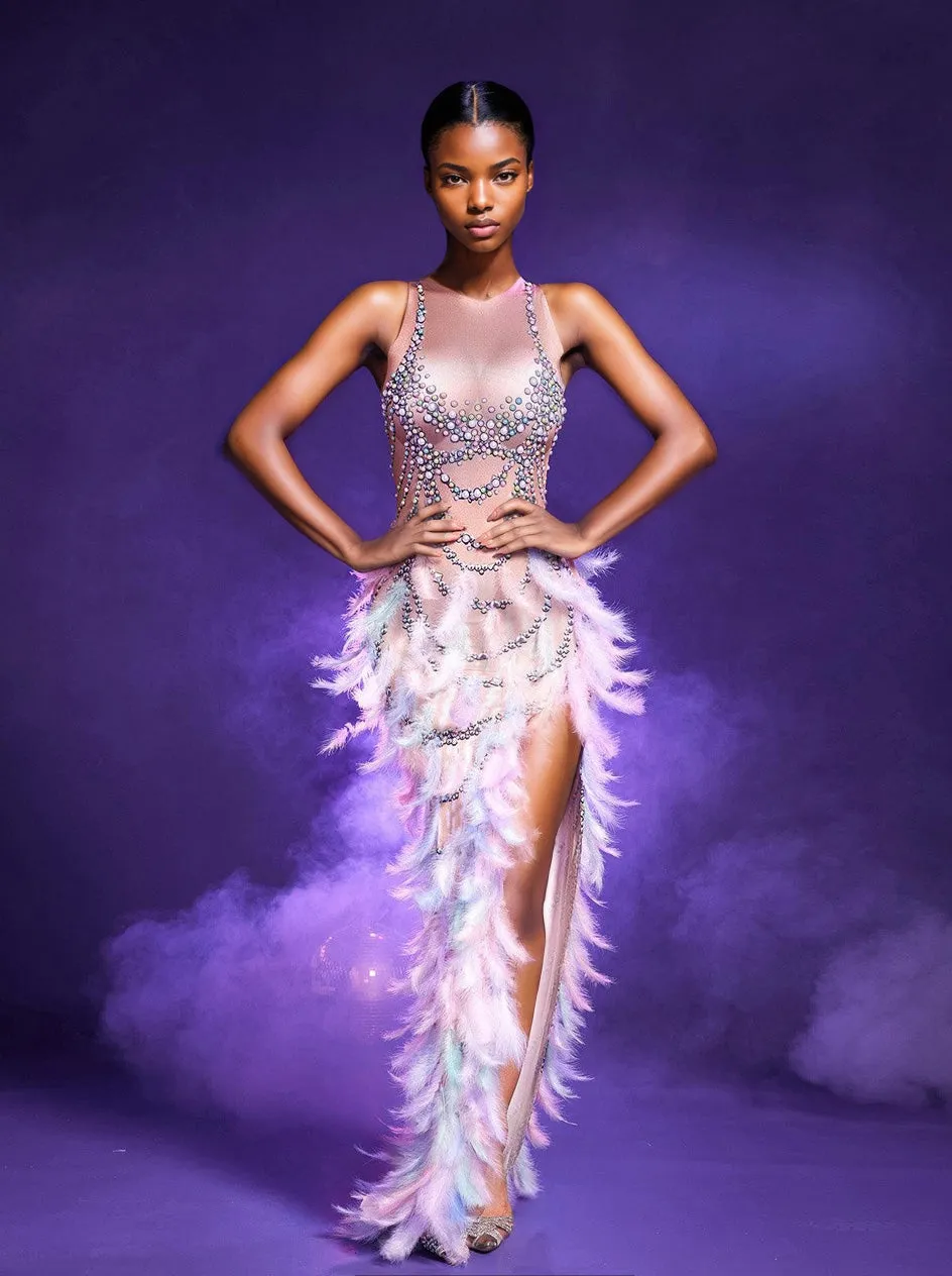 Inina Pearl Feather Asymmetric Dress sold by Mew Mews