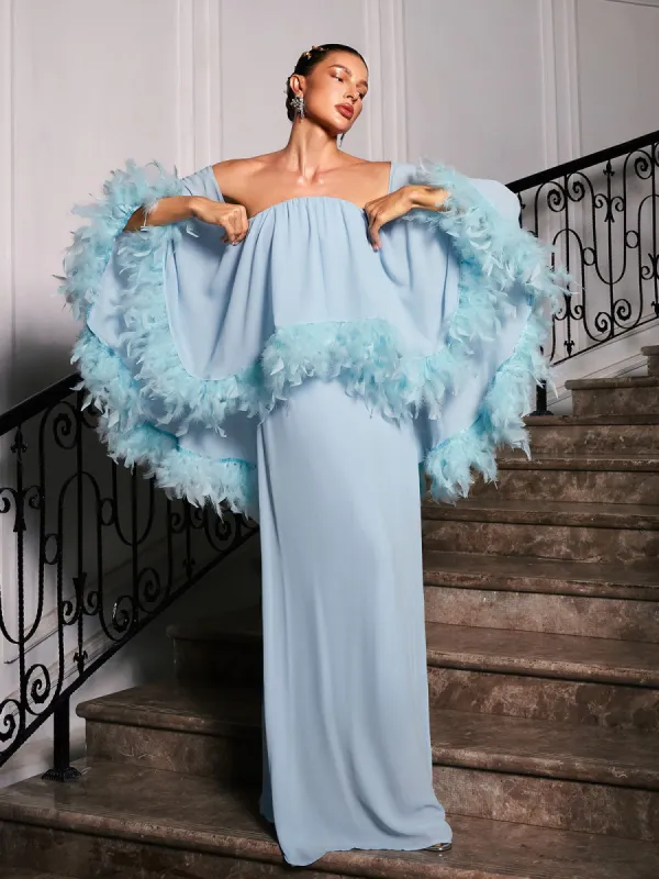 Fideo Off Shoulder Feather Maxi Dress sold by Mew Mews