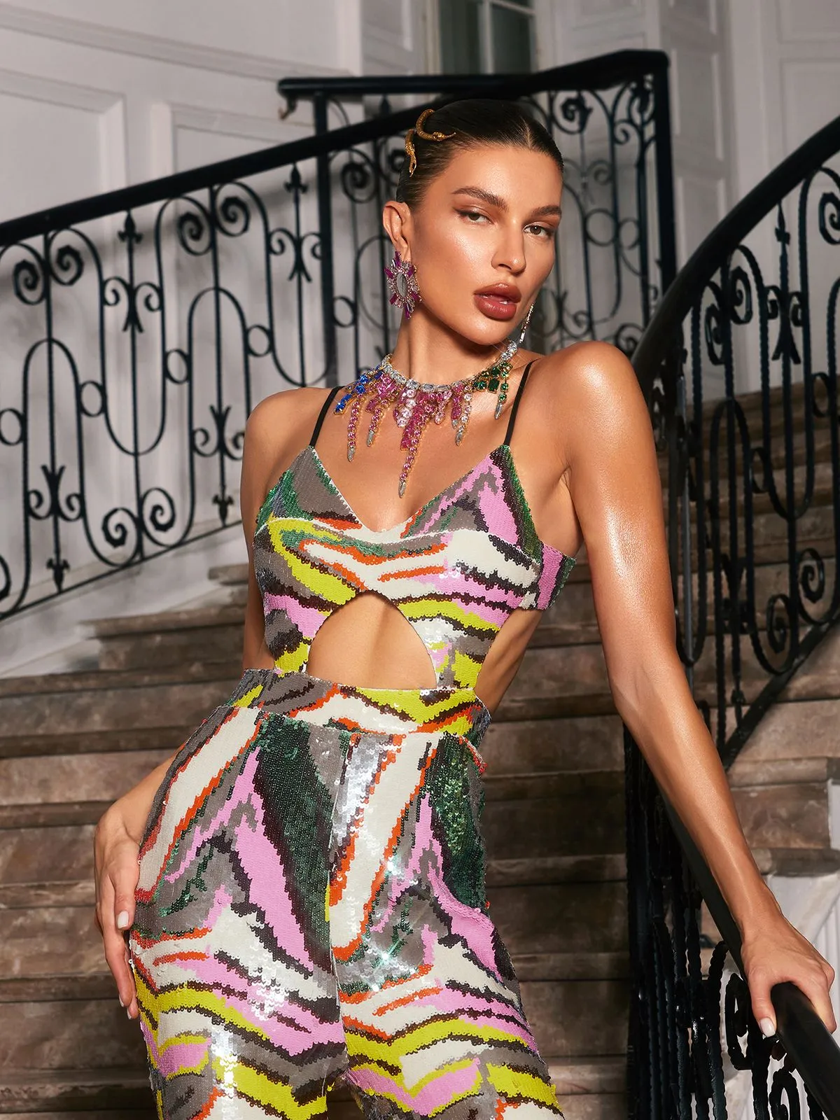 Neviah Spaghetti Cutout Printed Sequin Jumpsuit sold by Mew Mews product image thumbnail 2