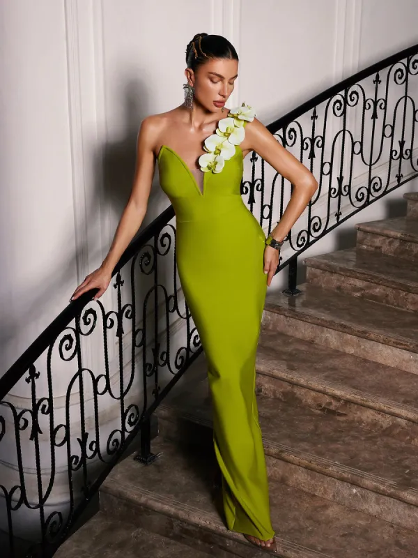 Rajiv One Shoulder Flower Bandage Maxi Dress sold by Mew Mews