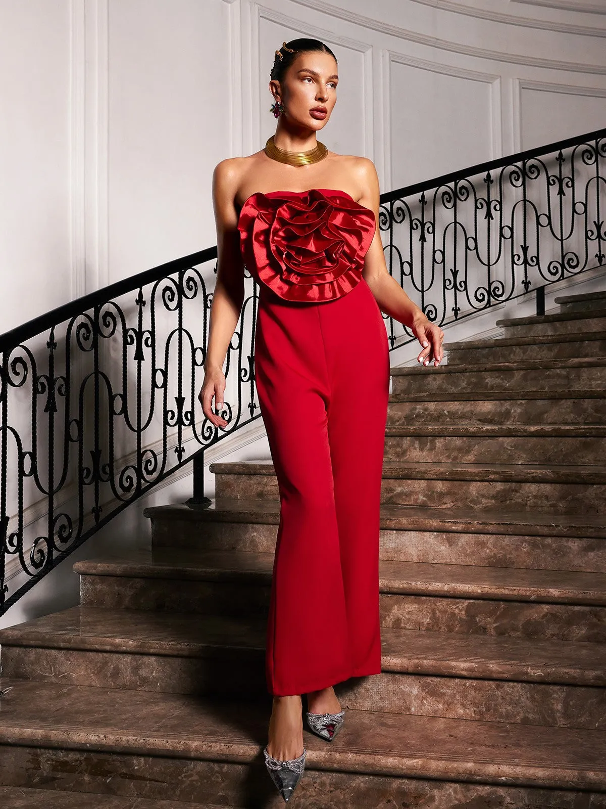 Dunja Strapless Flower Jumpsuit In Red sold by Mew Mews product image thumbnail 4