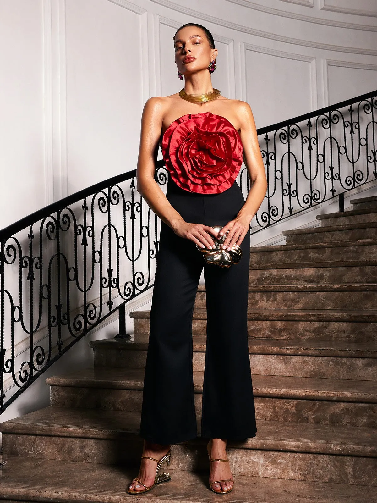 Dunja Strapless Flower Jumpsuit In Black sold by Mew Mews