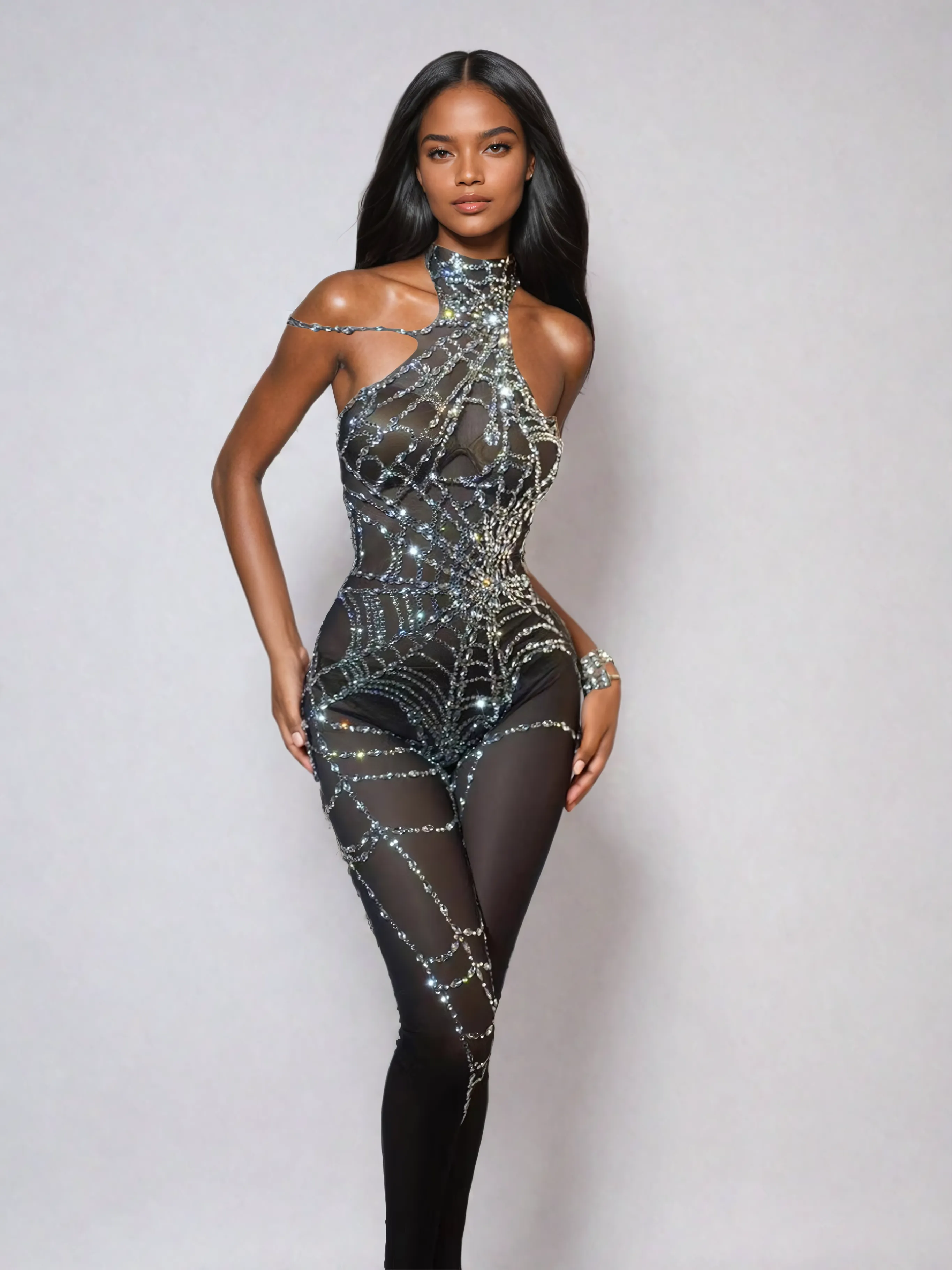 Siesen Cutout Cobweb Rhinestone Mesh Jumpsuit In Black sold by Mew Mews