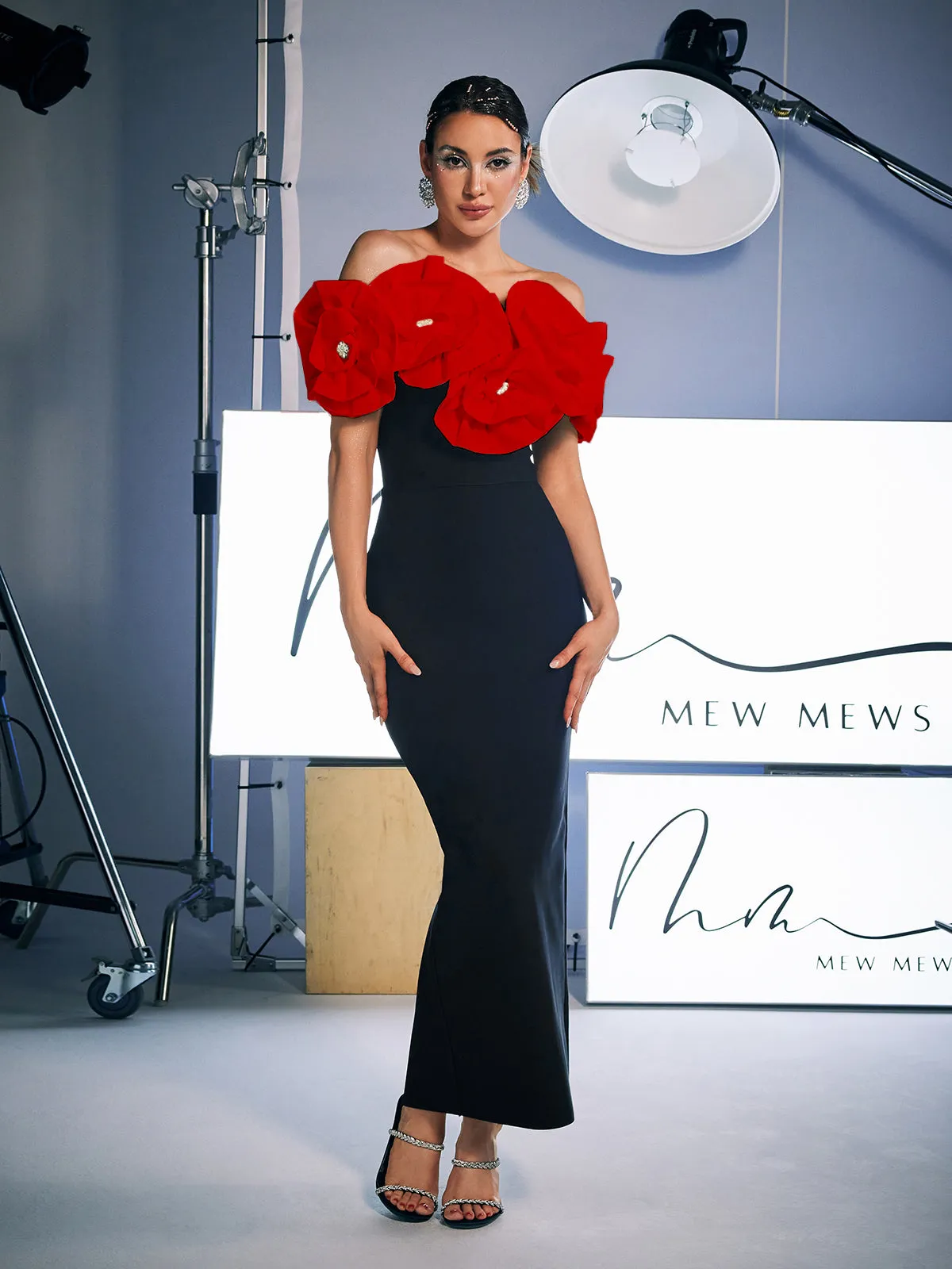Creed Off Shoulder Flower Bandage Dress In Red sold by Mew Mews product image thumbnail 3