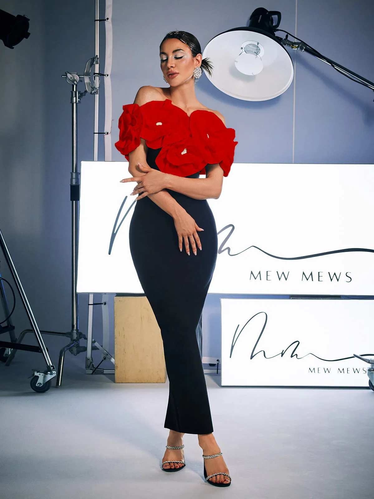 Creed Off Shoulder Flower Bandage Dress In Red sold by Mew Mews