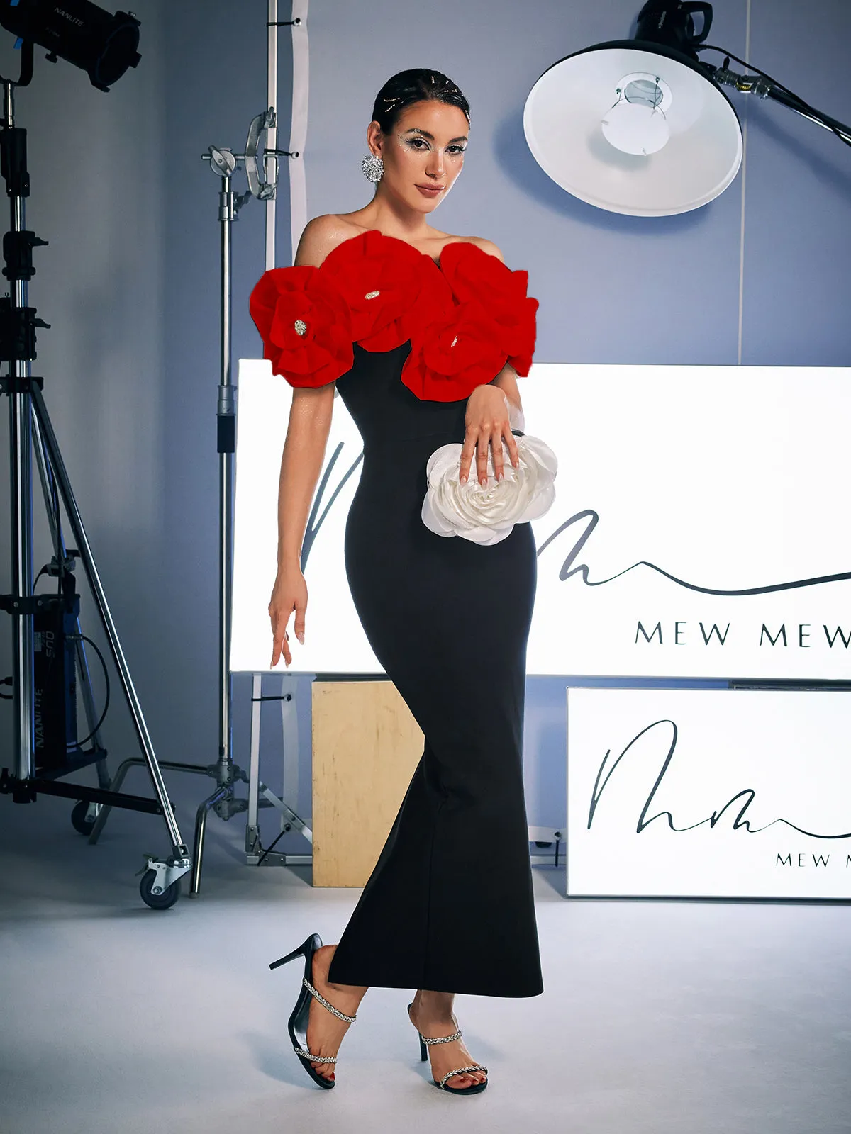 Creed Off Shoulder Flower Bandage Dress In Red sold by Mew Mews product image thumbnail 4