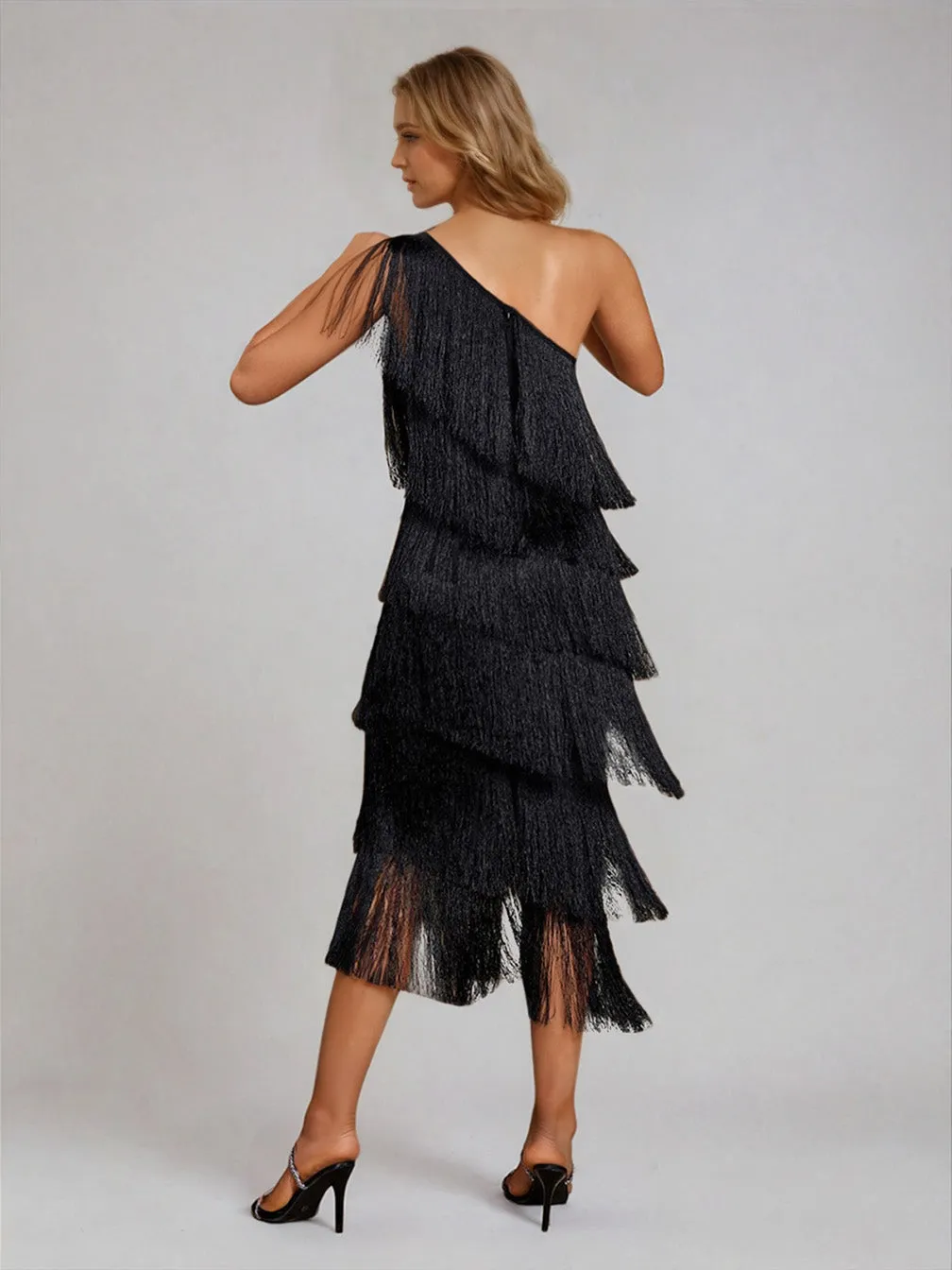 Stiorra One Shoulder Fringe Midi Dress sold by Mew Mews product image thumbnail 3