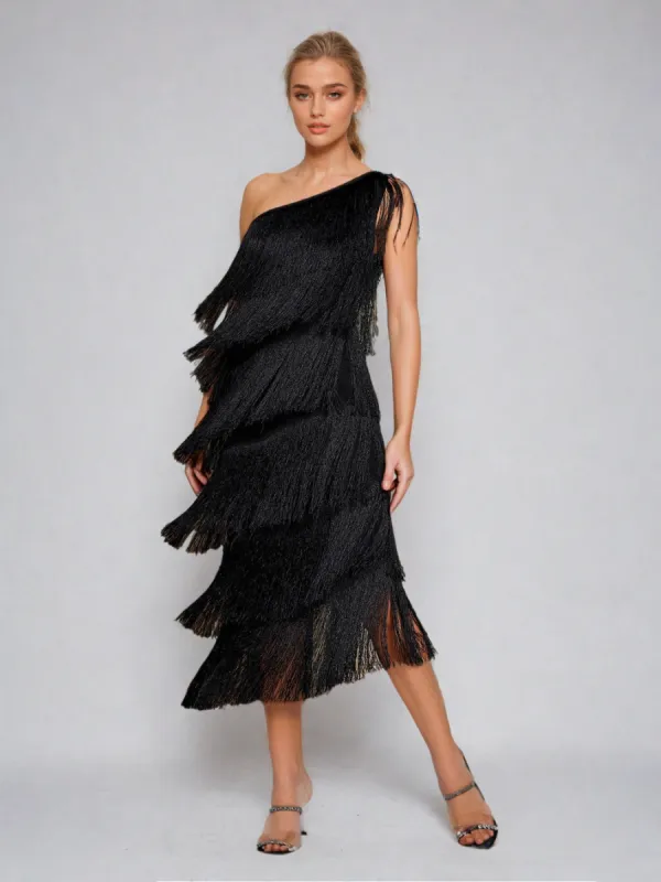 Stiorra One Shoulder Fringe Midi Dress made by Mew Mews