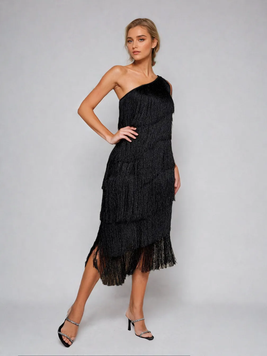 Stiorra One Shoulder Fringe Midi Dress sold by Mew Mews product image thumbnail 2
