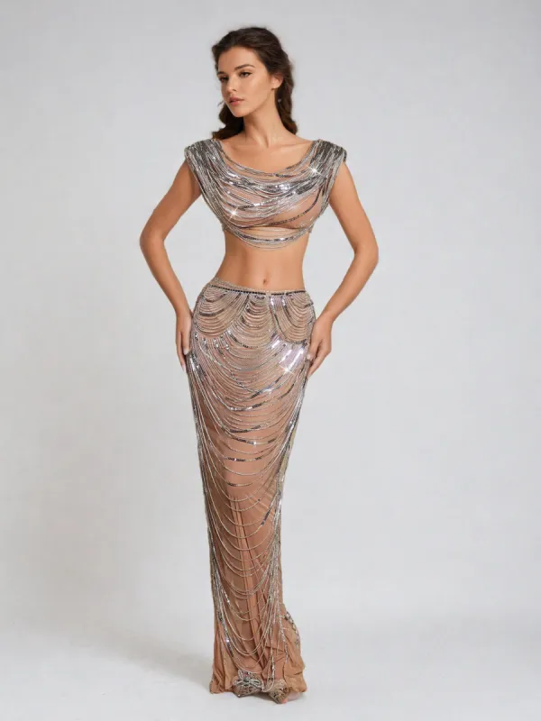 Mirri Crystal Chain Wrapped Mesh Skirt Set sold by Mew Mews