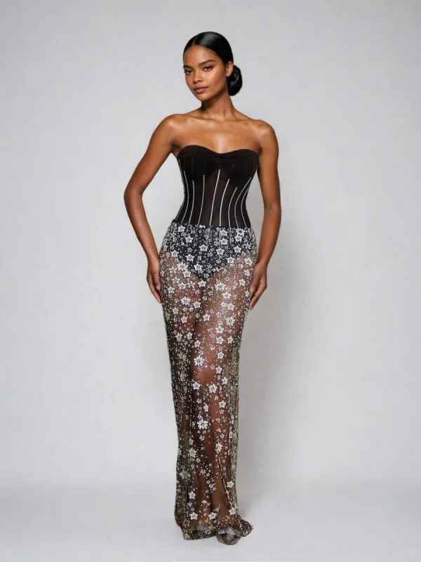 Harbor Strapless Flower Sequin Maxi Dress sold by Mew Mews