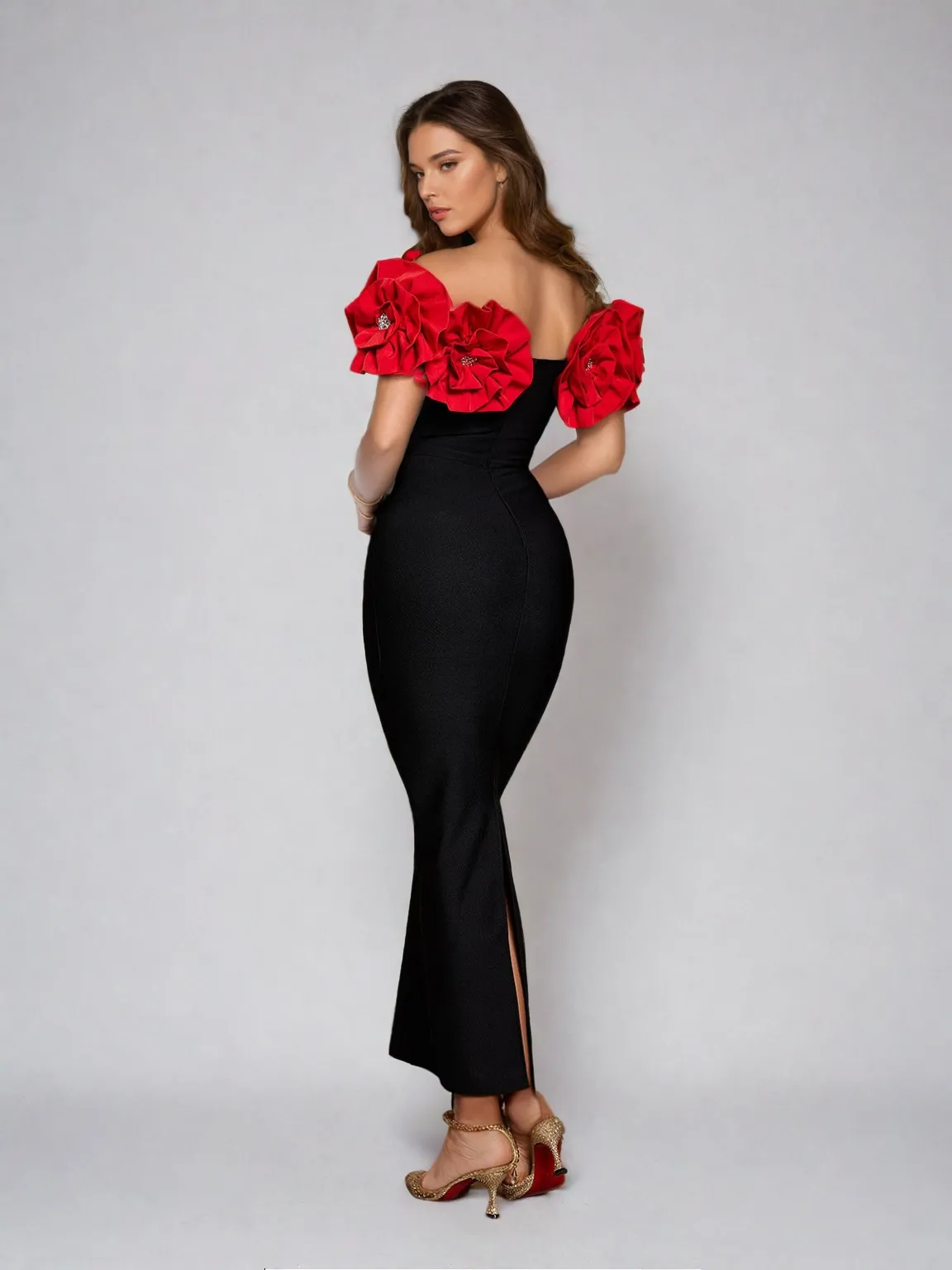 Creed Off Shoulder Flower Bandage Dress In Red sold by Mew Mews product image thumbnail 3