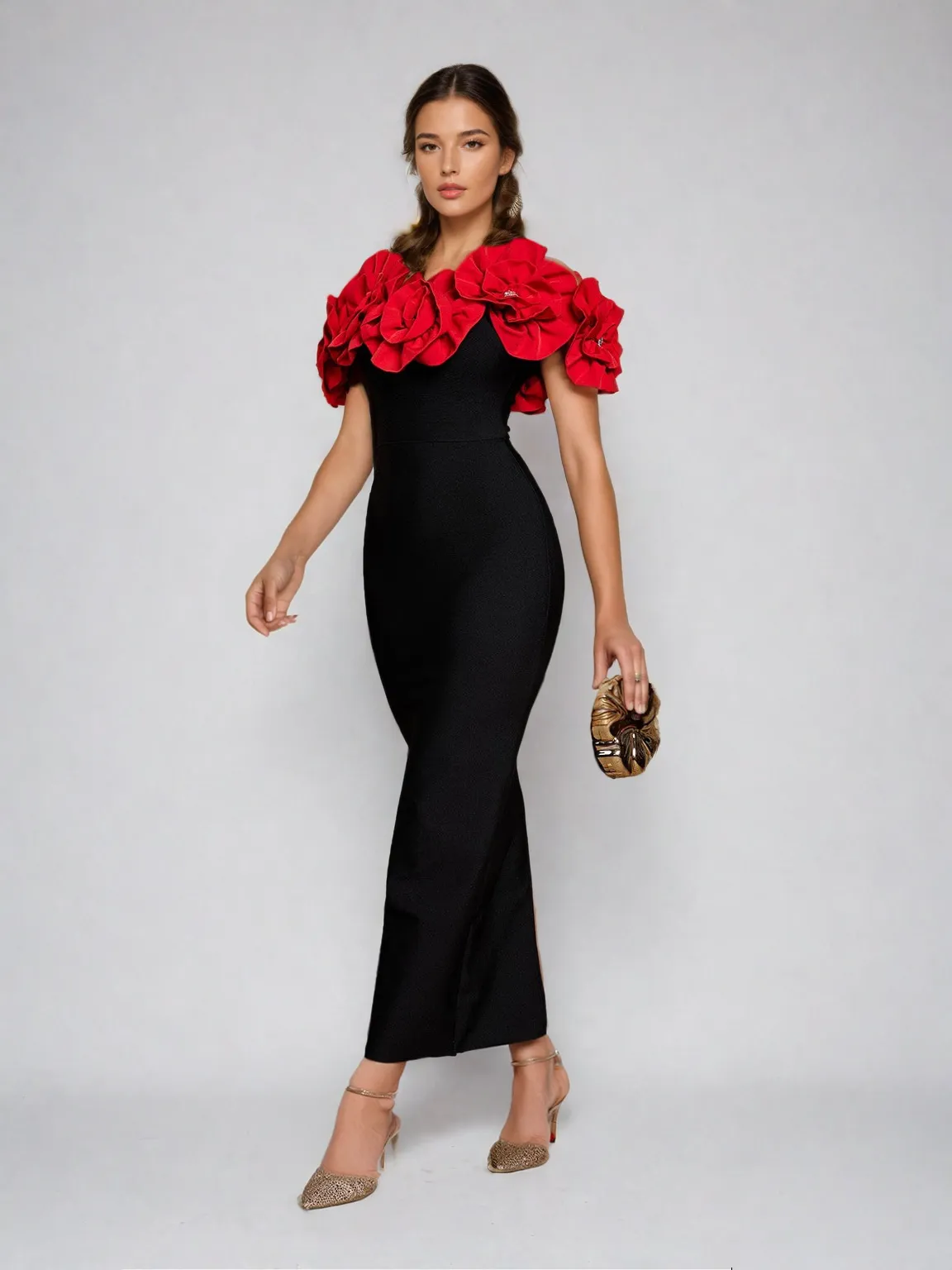 Creed Off Shoulder Flower Bandage Dress In Red sold by Mew Mews product image thumbnail 2