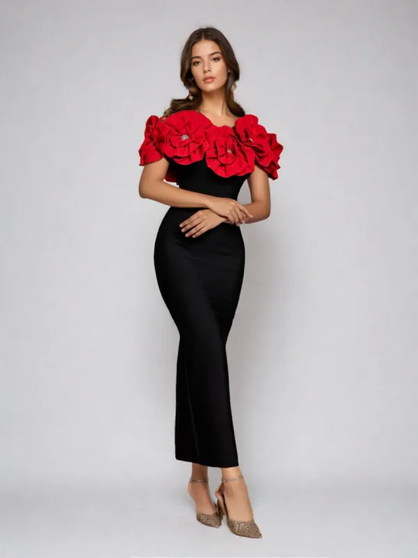 Creed Off Shoulder Flower Bandage Dress In Red sold by Mew Mews