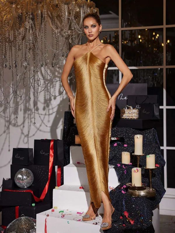 Bluma Halterneck Fringe Maxi Dress In Bronze sold by Mew Mews