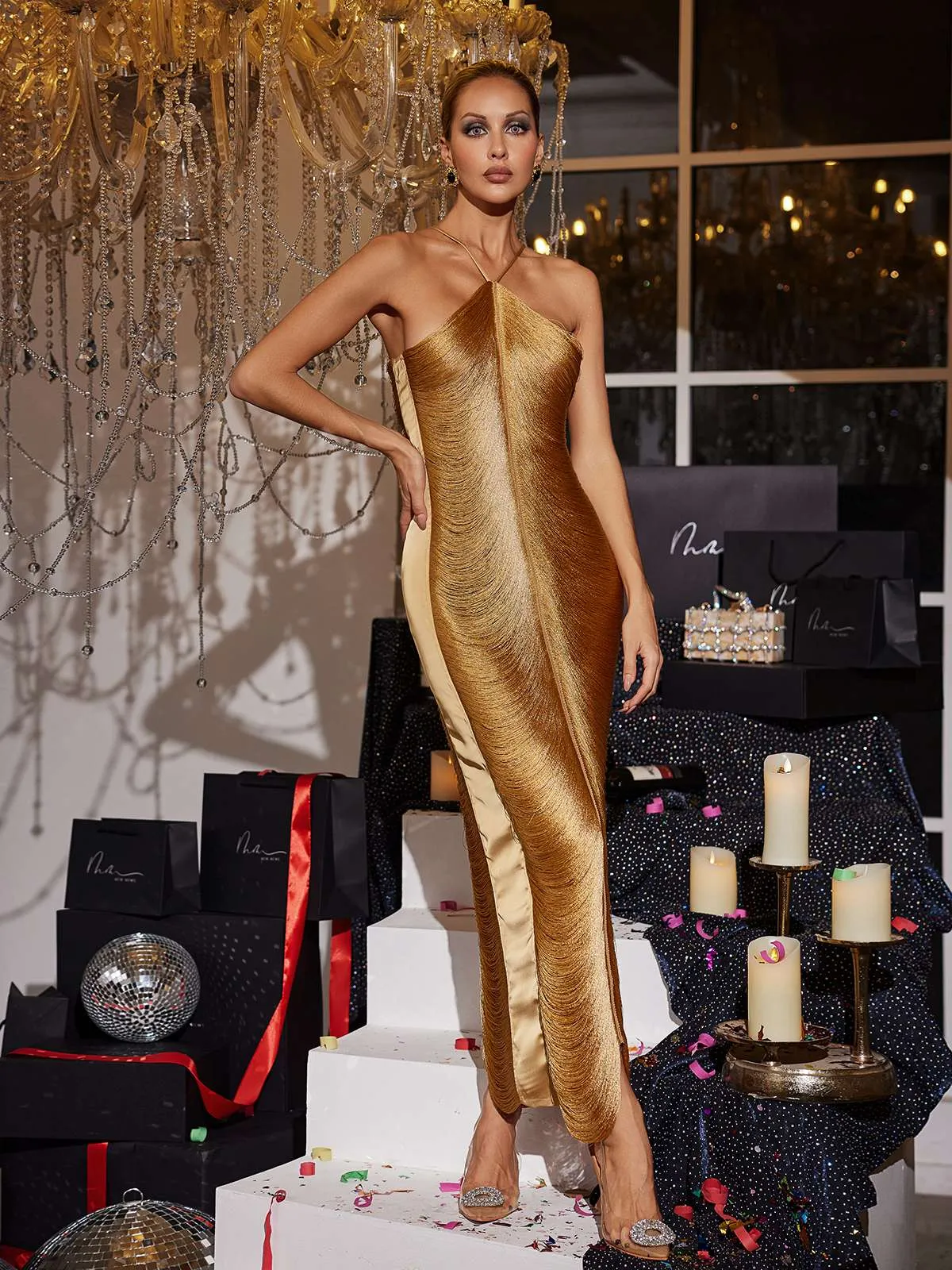 Bluma Halterneck Fringe Maxi Dress In Bronze sold by Mew Mews product image thumbnail 4