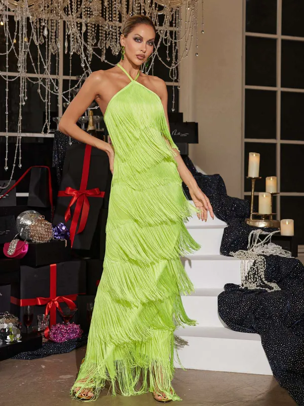 Bluma Halterneck Fringe Tiered Maxi Dress In Green sold by Mew Mews