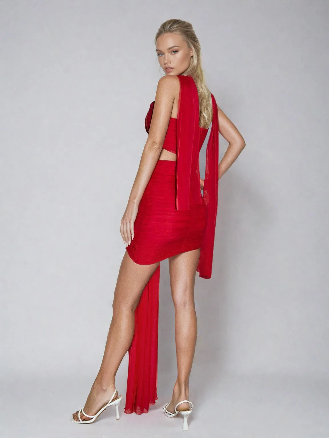 Genevieve Flower Cutout Draped Mesh Mini Dress In Red sold by Mew Mews product image thumbnail 2