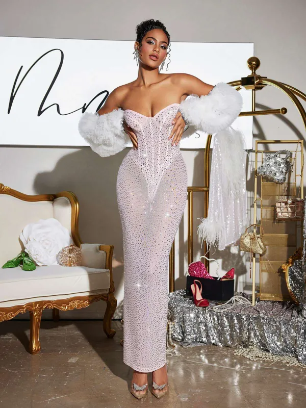 Roanya Strapless Rhinestone Corset Maxi Dress sold by Mew Mews